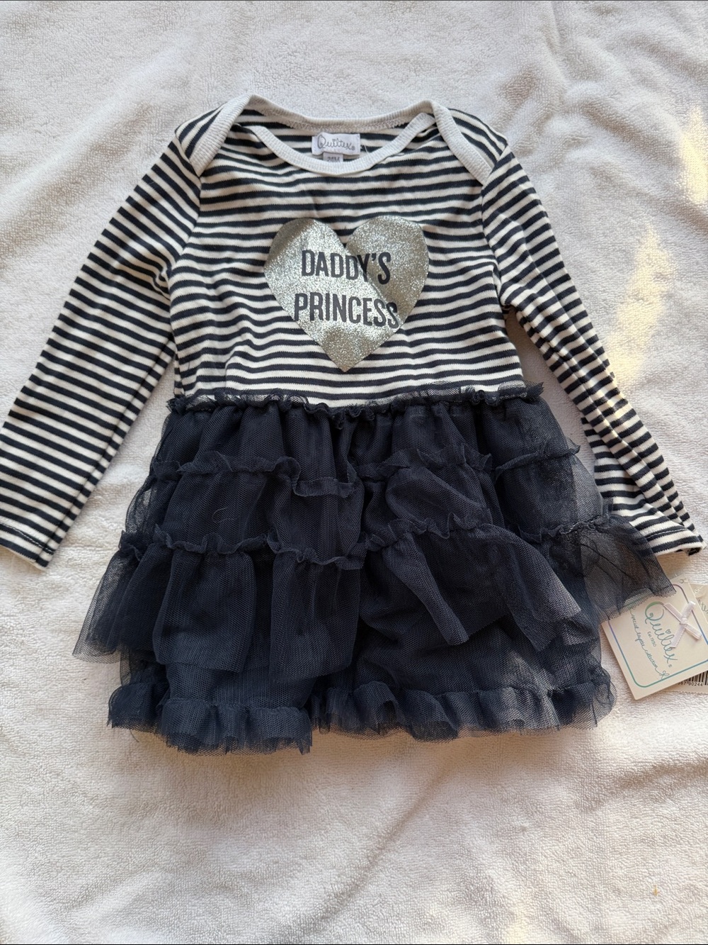Quiltex Black & White Striped Tulle Ruffle Dress with Glitter Heart